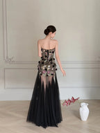 Luxurious Black A-Line 3D Floral Sequin Strapless Tulle Long Prom Dress Evening Dress