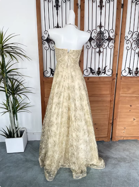 Luxurious Champagne Gold A-Line Strapless Embroidered Lace Tulle Long Prom Dress Evening Dress Secondary image