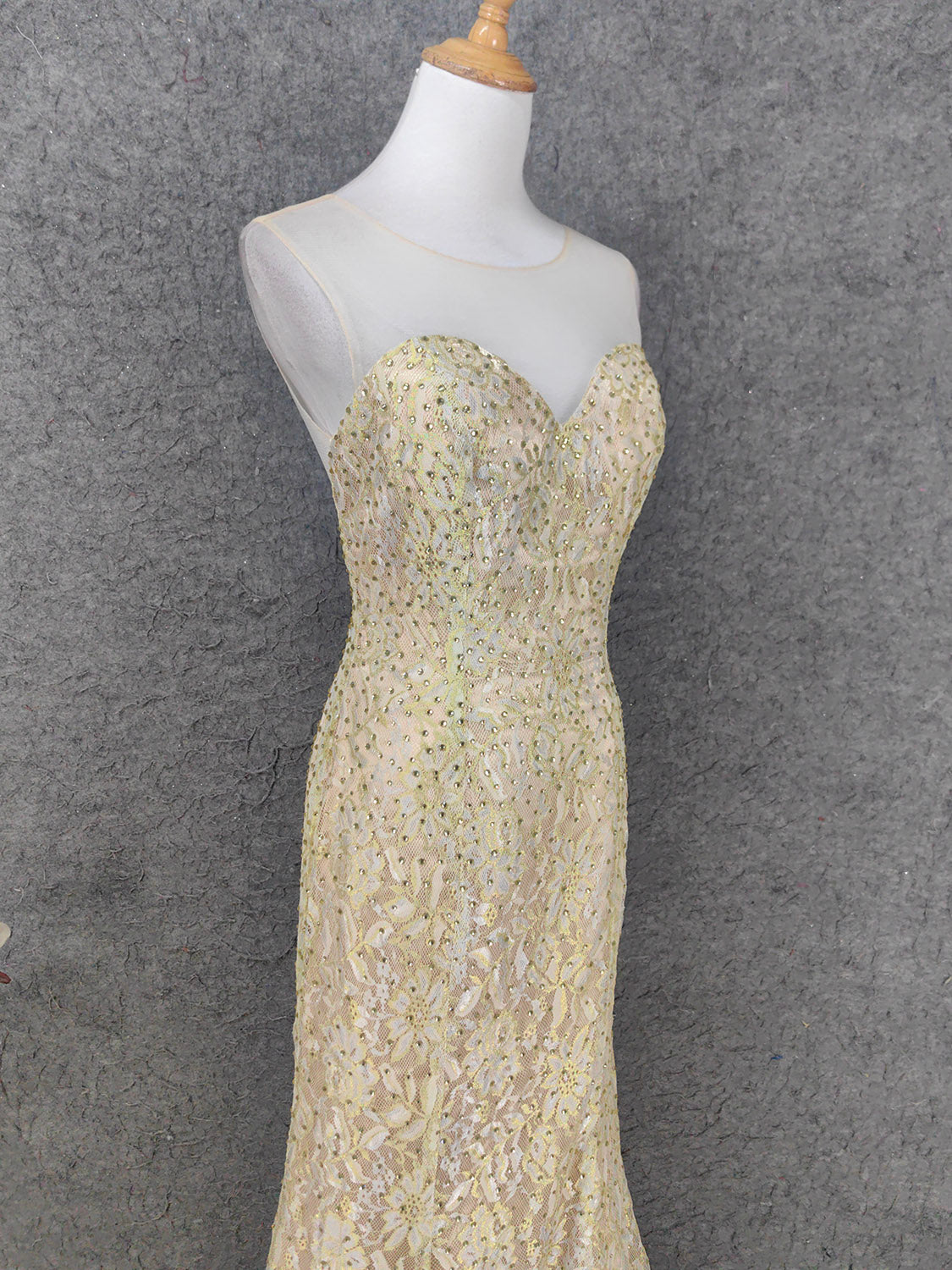 Luxurious Champagne Gold Crew Neck Rhinestone Lace Train Prom Dress Evening Dress