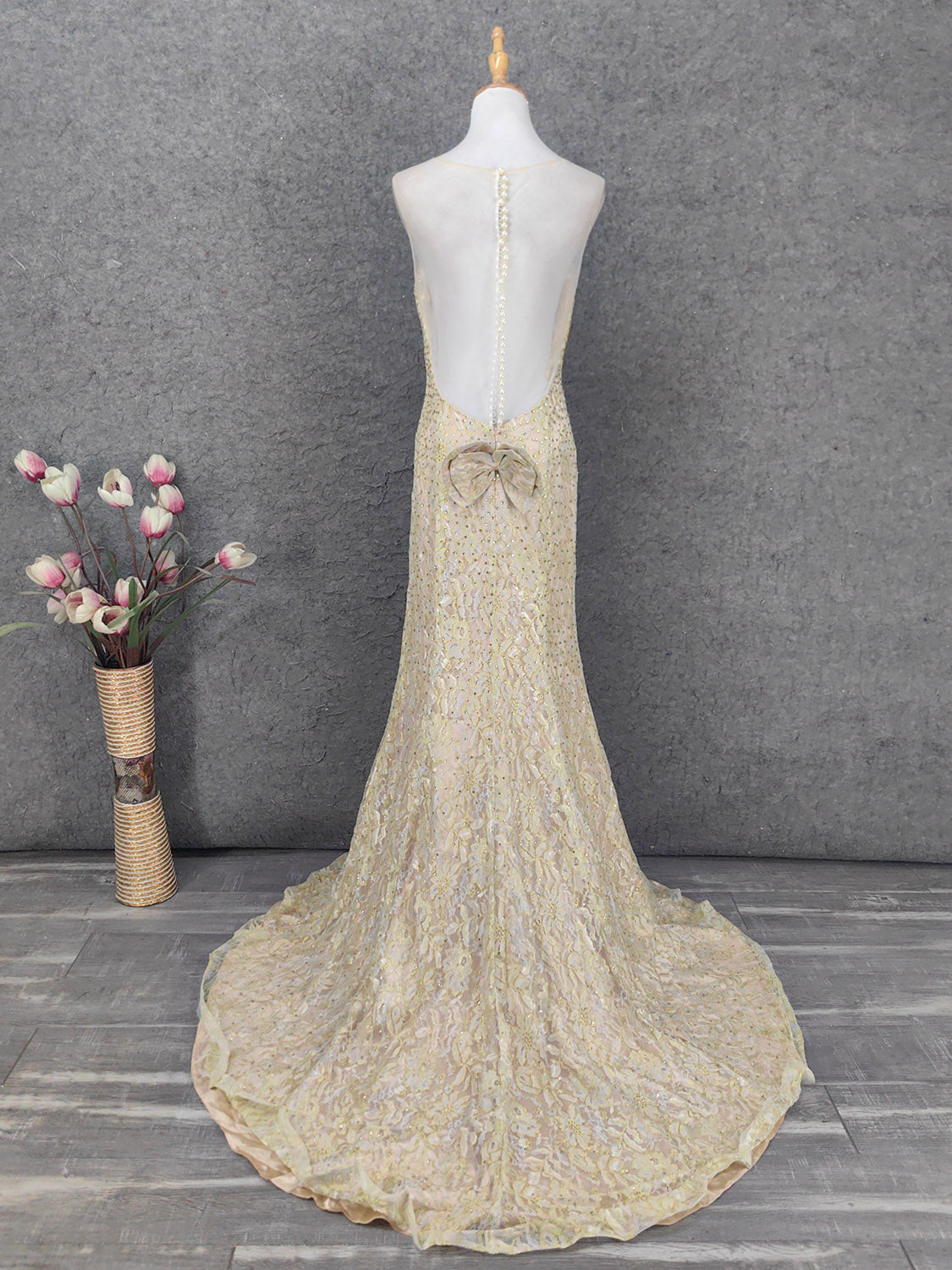 Luxurious Champagne Gold Crew Neck Rhinestone Lace Train Prom Dress Evening Dress