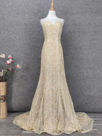 Luxurious Champagne Gold Crew Neck Rhinestone Lace Train Prom Dress Evening Dress