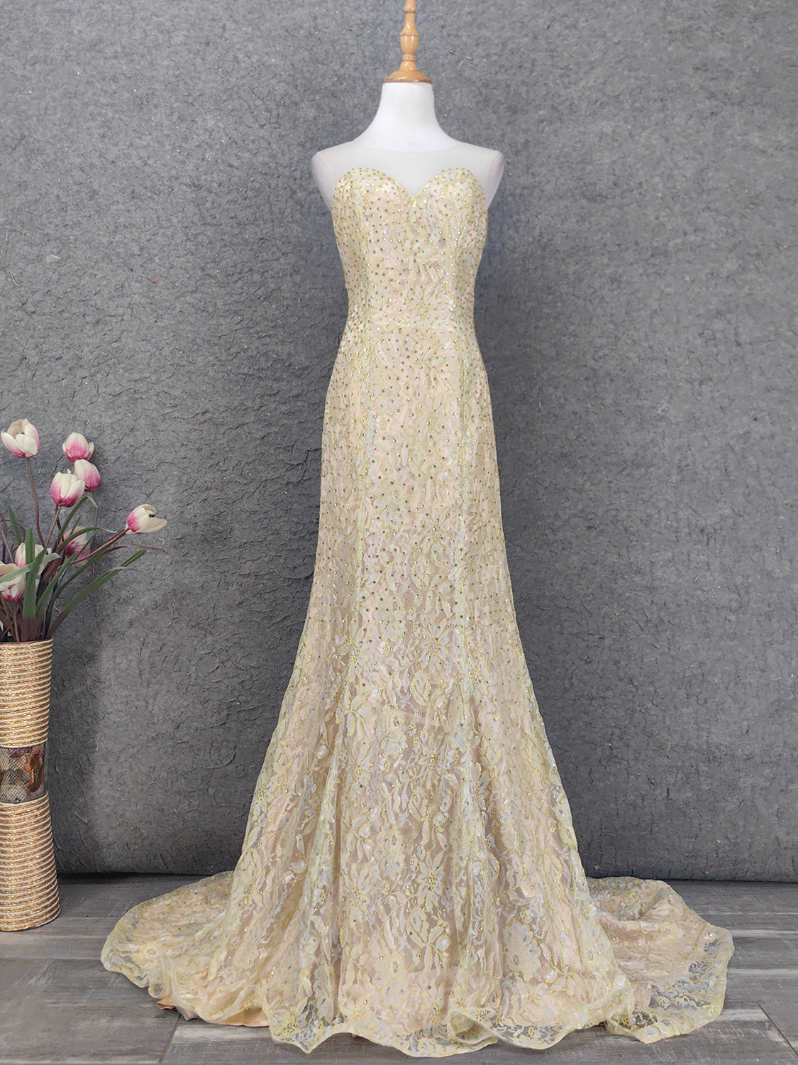 Luxurious Champagne Gold Crew Neck Rhinestone Lace Train Prom Dress Evening Dress