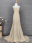 Luxurious Champagne Gold Crew Neck Rhinestone Lace Train Prom Dress Evening Dress