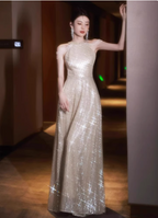 Luxurious Champagne Gold Halter Cold Shoulder Sequined Long Prom Dress Evening Dress