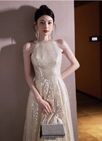 Luxurious Champagne Gold Halter Cold Shoulder Sequined Long Prom Dress Evening Dress