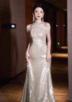 Luxurious Champagne Gold Halter Cold Shoulder Sequined Long Prom Dress Evening Dress