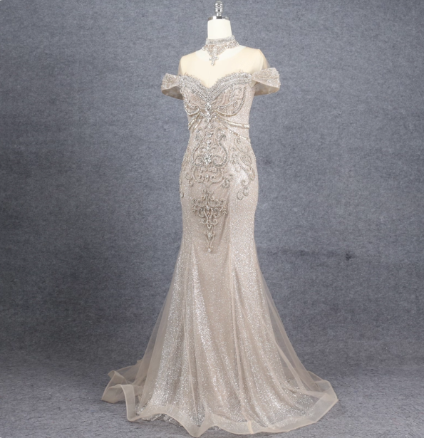 Luxurious Champagne Gold Mermaid Off-The-Shoulder Beaded Tulle Long Prom Dress Evening Dress Secondary image