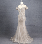 Luxurious Champagne Gold Mermaid Off-The-Shoulder Beaded Tulle Long Prom Dress Evening Dress