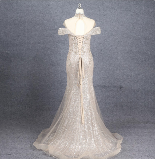 Luxurious Champagne Gold Mermaid Off-The-Shoulder Beaded Tulle Long Prom Dress Evening Dress