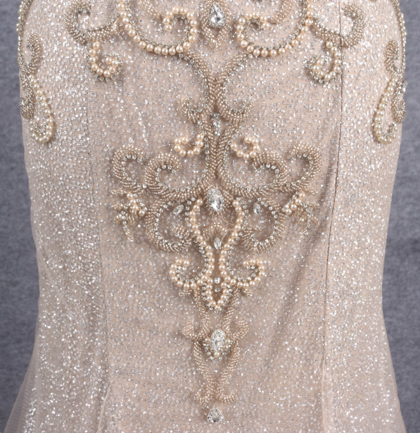 Luxurious Champagne Gold Mermaid Off-The-Shoulder Beaded Tulle Long Prom Dress Evening Dress