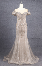 Luxurious Champagne Gold Mermaid Off-The-Shoulder Beaded Tulle Long Prom Dress Evening Dress