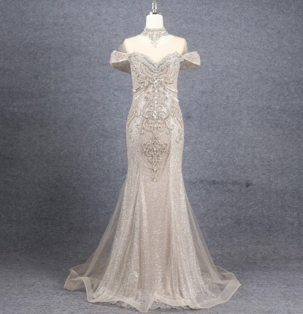 Luxurious Champagne Gold Mermaid Off-The-Shoulder Beaded Tulle Long Prom Dress Evening Dress Main image