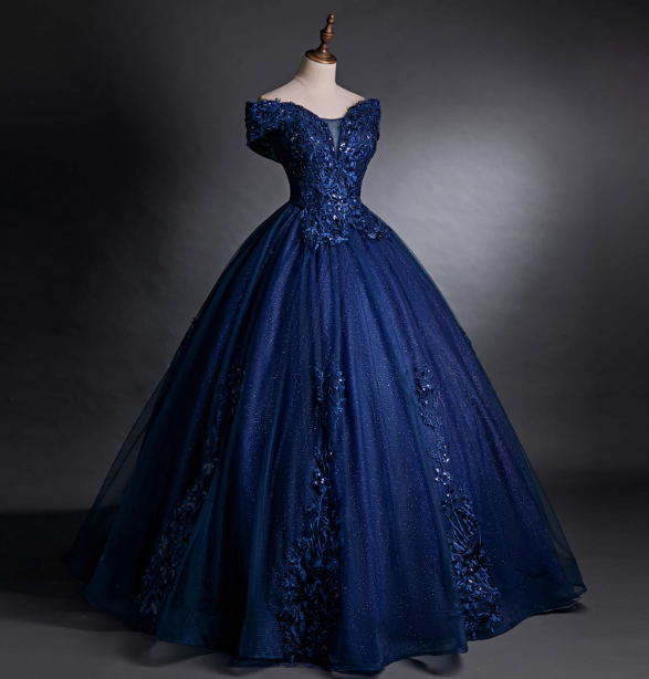 Luxurious Court Navy Blue One-Shoulder Embroidered Sequin Tulle Ball Gown Evening Dress Sweet 16 Dress