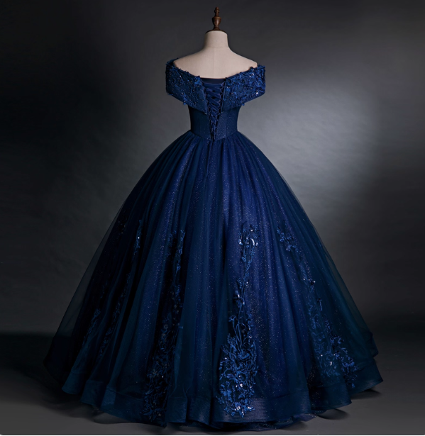 Luxurious Court Navy Blue One-Shoulder Embroidered Sequin Tulle Ball Gown Evening Dress Sweet 16 Dress