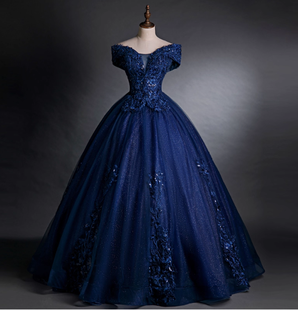 Luxurious Court Navy Blue One-Shoulder Embroidered Sequin Tulle Ball Gown Evening Dress Sweet 16 Dress Main image