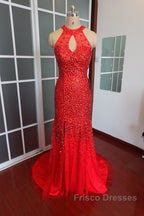 Luxurious Crystal Beaded Halter Mermaid Evening Dress Leg Split Formal Prom Gowns
