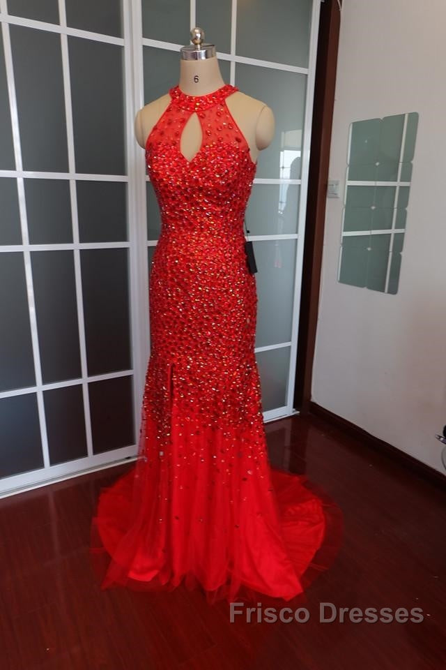 Luxurious Crystal Beaded Halter Mermaid Evening Dress Leg Split Formal Prom Gowns
