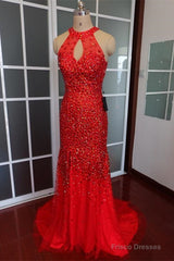Luxurious Crystal Beaded Halter Mermaid Evening Dresses Leg Split Prom Gowns