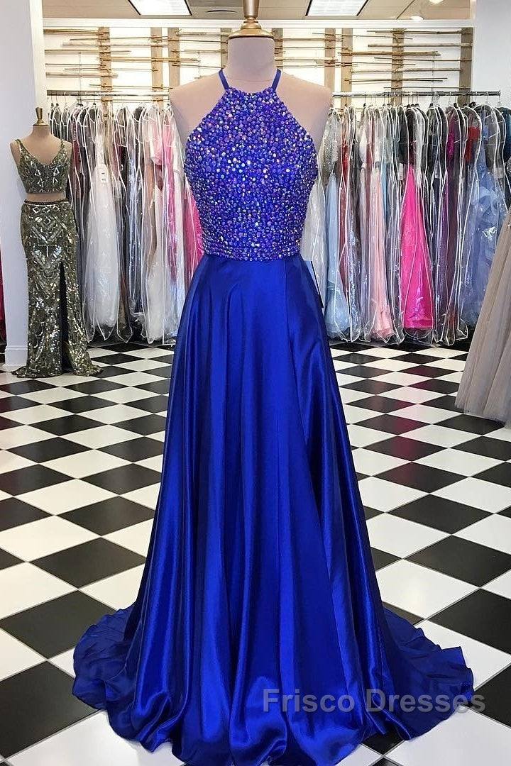 Luxurious Crystal Halter Formal Prom Dress Long Satin Leg Split Evening Gowns