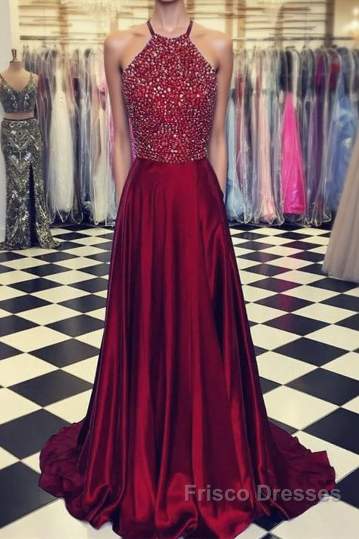 Luxurious Crystal Halter Formal Prom Dress Long Satin Leg Split Evening Gowns Main image