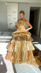 Luxurious Gold Strapless Pleated Irregular Neck Layered Prom Dress Ball Gown Quinceanera Party Dress