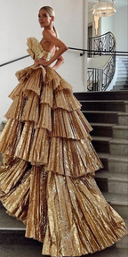 Luxurious Gold Strapless Pleated Irregular Neck Layered Prom Dress Ball Gown Quinceanera Party Dress