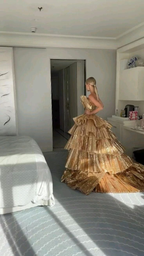 Luxurious Gold Strapless Pleated Irregular Neck Layered Prom Dress Ball Gown Quinceanera Party Dress