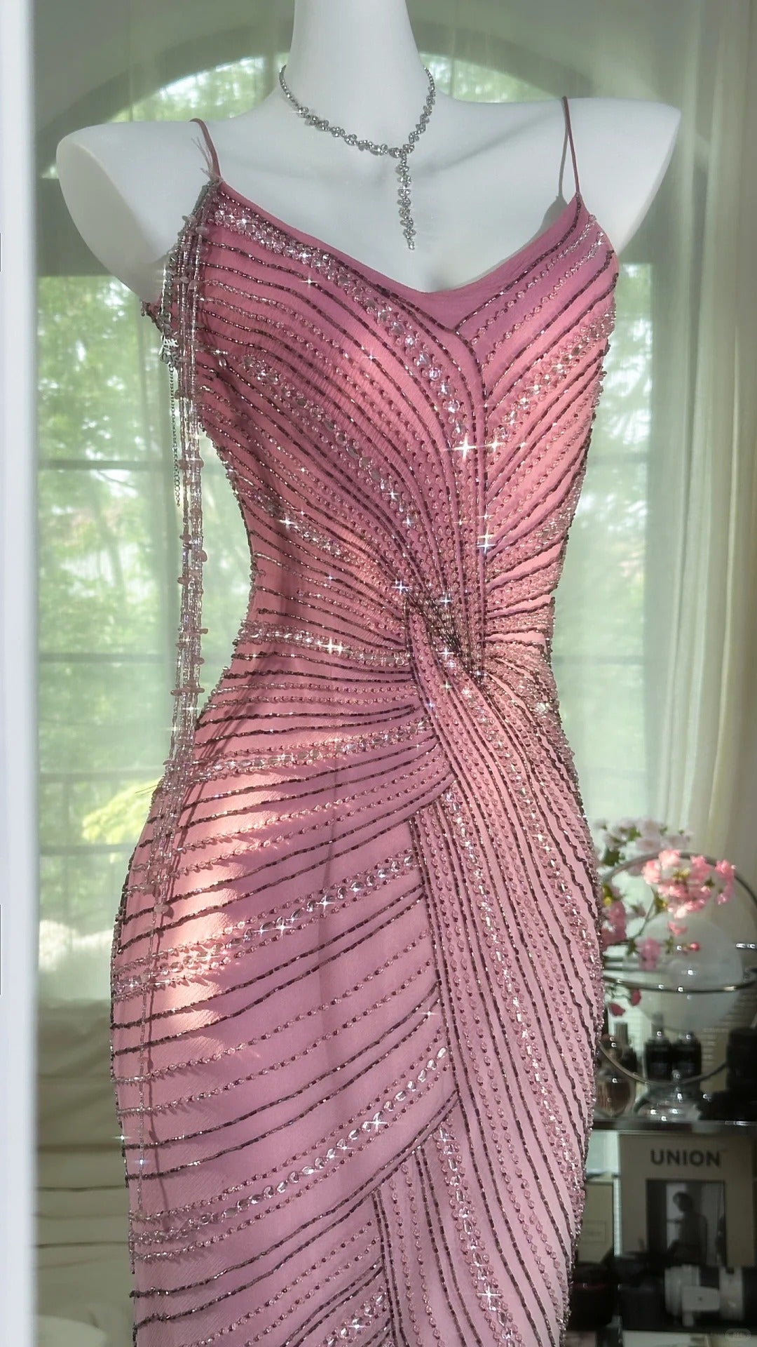 Luxurious Heavy Pink Tassel Beaded Mermaid Prom Dress