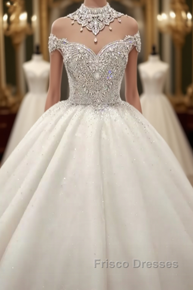 Luxurious High Neck Crystal Beading Ball Gown Wedding Dress