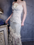 Luxurious Ivory Mermaid Thin Strap Pearl Ruffled Satin Long Prom Dress Evening Dress