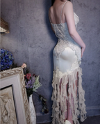 Luxurious Ivory Mermaid Thin Strap Pearl Ruffled Satin Long Prom Dress Evening Dress