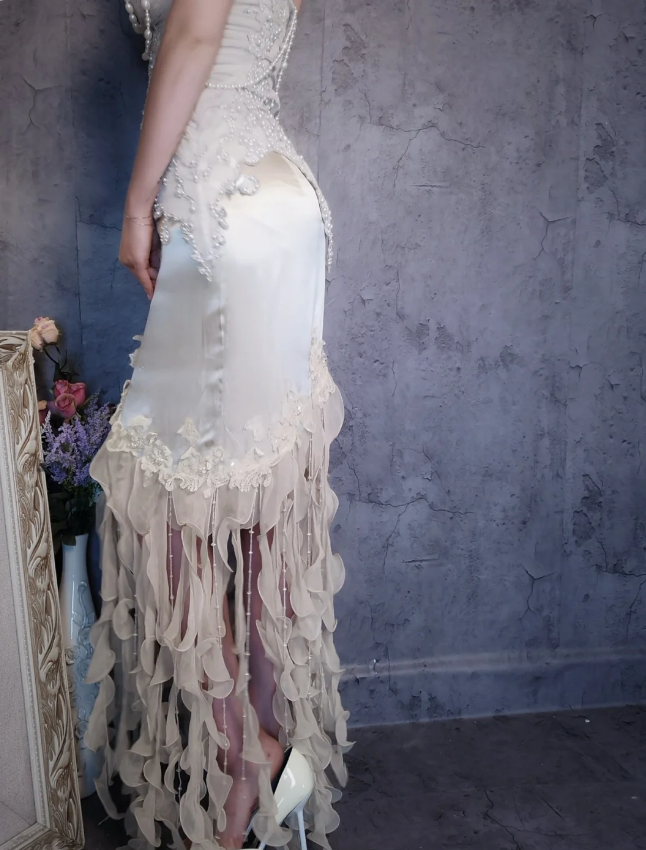 Luxurious Ivory Mermaid Thin Strap Pearl Ruffled Satin Long Prom Dress Evening Dress