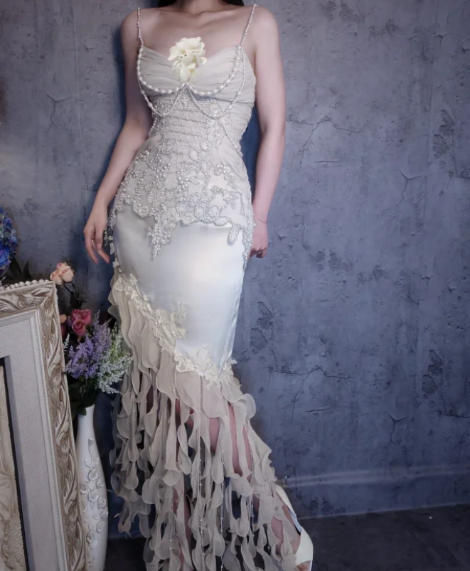 Luxurious Ivory Mermaid Thin Strap Pearl Ruffled Satin Long Prom Dress Evening Dress Main image