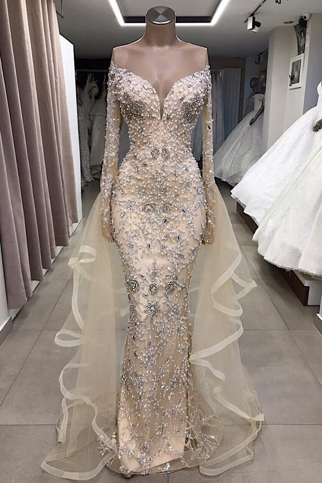 Luxurious Long Sleeves Off-The-Shoulder Prom Party Gowns With Fully-Covered Beads Main image