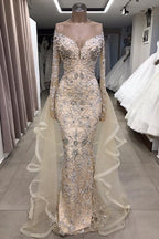 Luxurious Long Sleeves Off-The-Shoulder Prom Party Gowns With Fully-Covered Beads