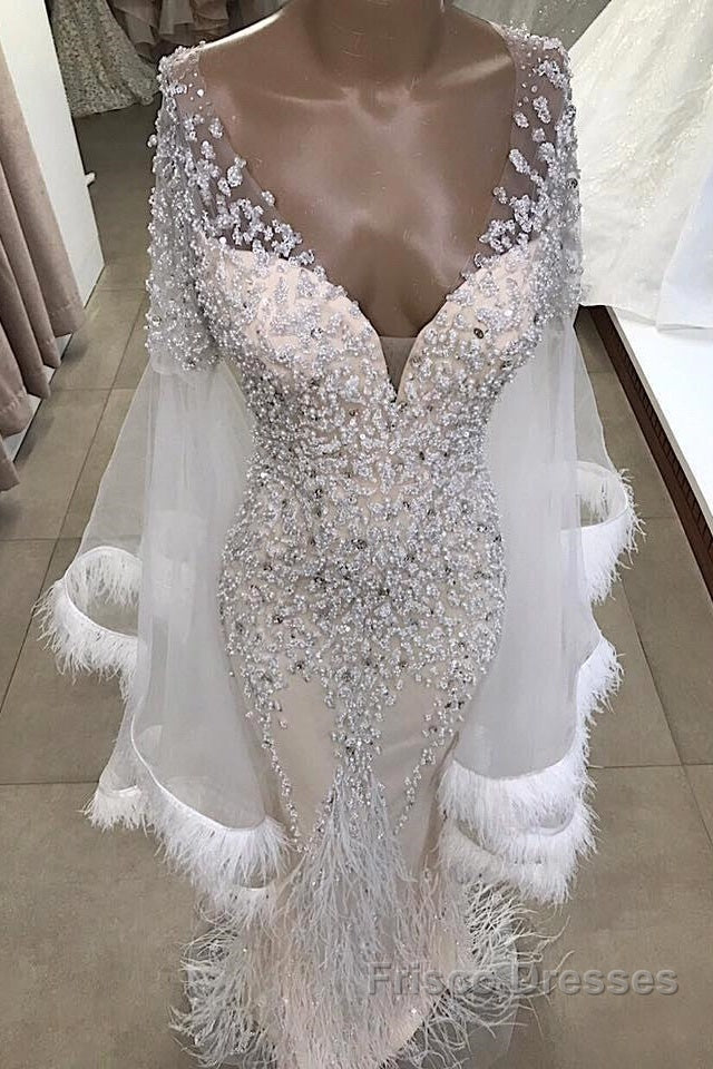 Luxurious Mermaid V-Neck Long Sleevess Crystal Floor Length Formal Prom Dress With Tassels Secondary image