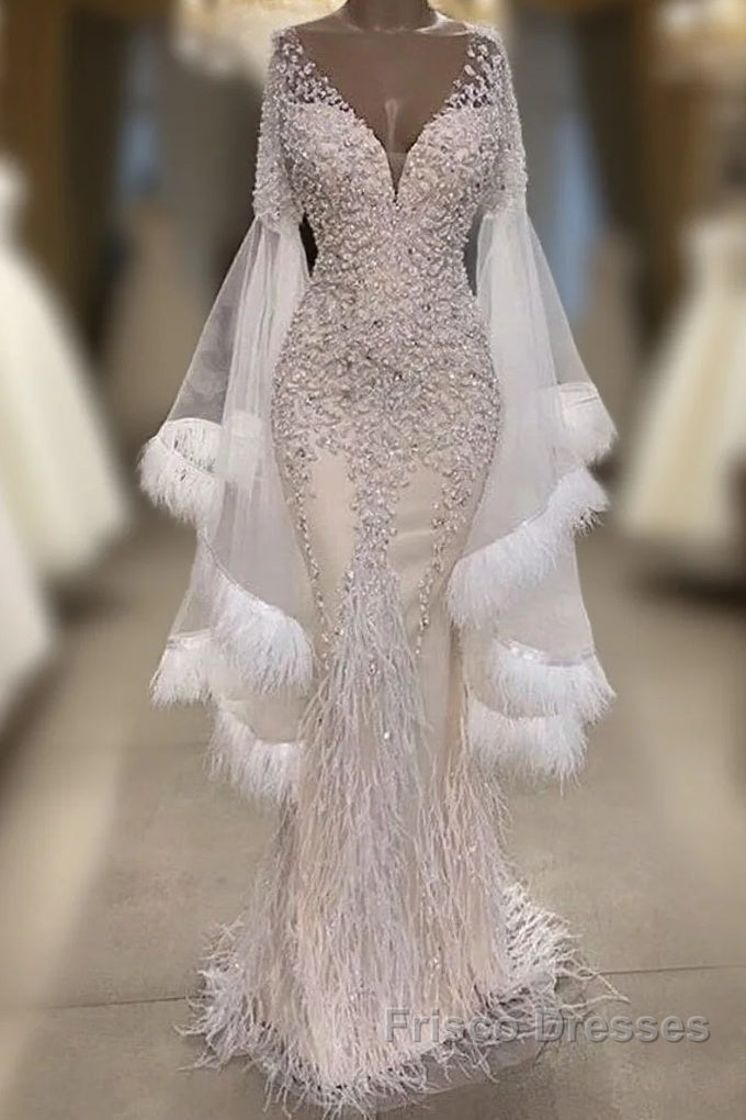 Luxurious Mermaid V-Neck Long Sleevess Crystal Floor Length Formal Prom Dress With Tassels Main image