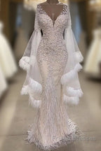 Luxurious Mermaid V-Neck Long Sleevess Crystal Floor Length Formal Prom Dress With Tassels