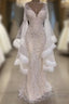 Luxurious Mermaid V-Neck Long Sleevess Crystal Floor Length Formal Prom Dress With Tassels