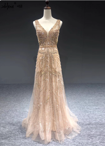 Luxurious Nude Pink A-Line V-Neck Beaded Embroidered Tulle Long Prom Dress Evening Dress Main image