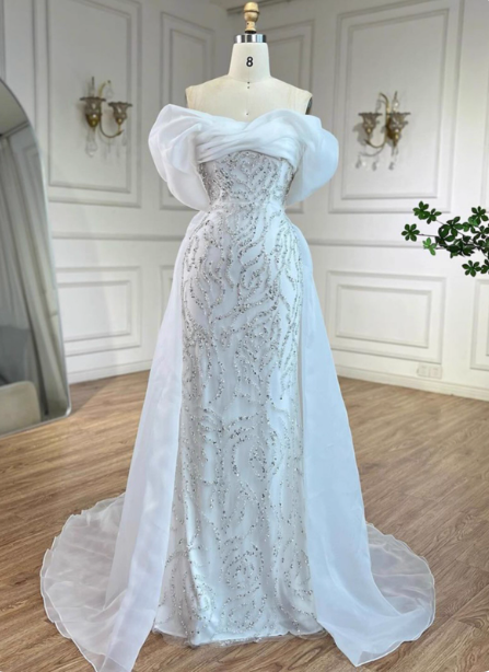 Luxurious Palace White Mermaid Off-The-Shoulder Beaded Tulle Train Prom Dress Evening Dress
