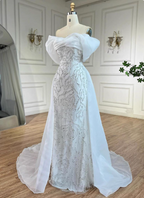 Luxurious Palace White Mermaid Off-The-Shoulder Beaded Tulle Train Prom Dress Evening Dress