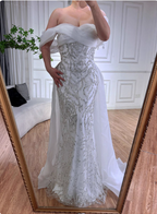 Luxurious Palace White Mermaid Off-The-Shoulder Beaded Tulle Train Prom Dress Evening Dress