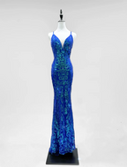 Luxurious Royal Blue Mermaid V-Neck Sequined Long Prom Dress Evening Dress