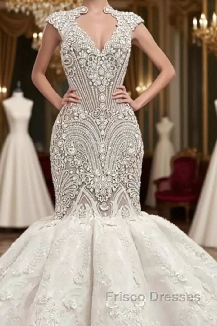Luxurious Sleeveless Appliques Rhinestones Mermaid Wedding Bridal Gowns Main image