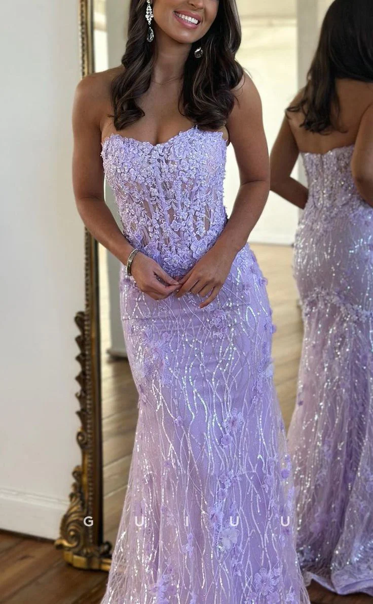 Luxurious Strapless Sheer Lace Applique Long Prom Dress Birthday Outfit