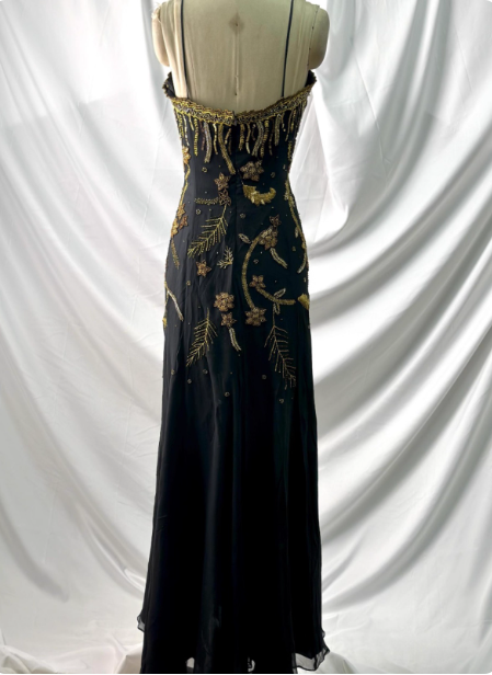 Luxurious Vintage Black Thin Strap Gold Beaded Embroidery Chiffon Long Prom Dress Evening Dress