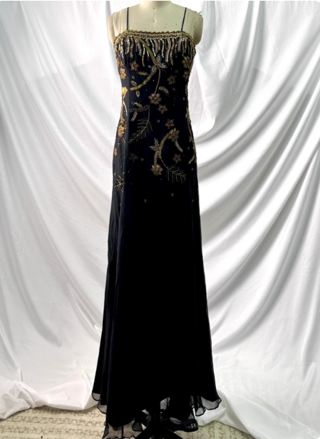 Luxurious Vintage Black Thin Strap Gold Beaded Embroidery Chiffon Long Prom Dress Evening Dress Main image