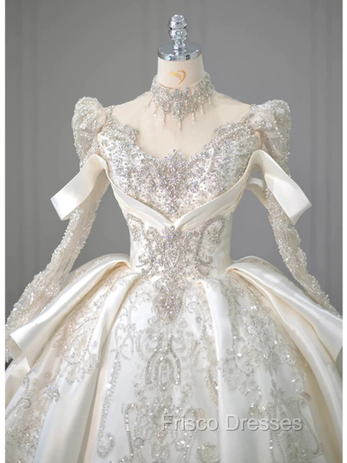 Luxury Ball Gown High Neckline Long Sleeves Sequin White Wedding Dress Brides Dress