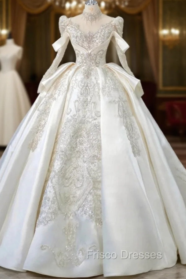 Luxury Ball Gown High Neckline Long Sleeves Sequin White Wedding Dress Brides Dress Main image